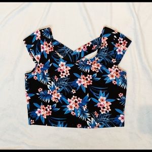Charlotte Russe Blue Criss/Cross Floral Crop Shirt